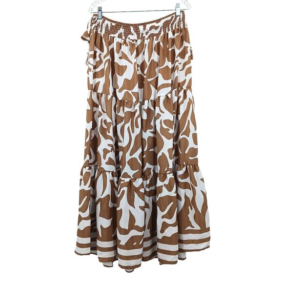 Calypso St. Barth Tiered Maxi Skirt Brown White Floral Elastic Waist Size Medium - Picture 3 of 11